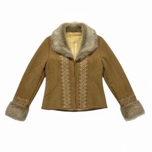 Aziza‎ Brown Faux Suede & Fur Trim Embroider Jacket Sz LY2K Retro Statement
